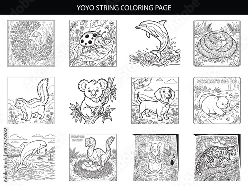 Yoyo string coloring page set featuring diverse animals including koala dolphin and wombat line art for kids books