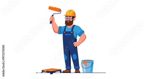 Smiling professional male house painter wearing blue overalls and a yellow hard hat holding an orange paint roller next to a paint bucket.