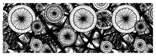 Vintage hand drawn woodcut style pattern of stylized circular fruit slices and hatching textures