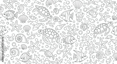 Intricate black and white line art pattern of marine life including fish, turtles, sea shells, and coral in an underwater scene.