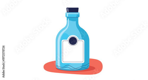 Stylized blue glass bottle with a cork stopper and a large blank label for beverage, medicine, or cosmetic product packaging.