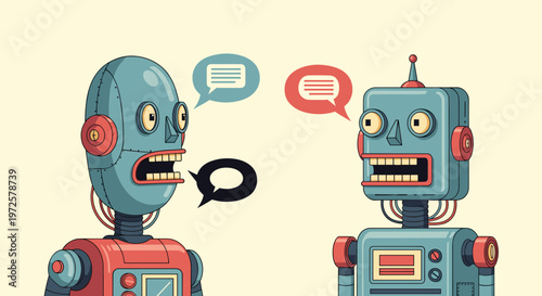 Two retro style robots engaged in a conversation with colorful speech bubbles representing artificial intelligence and digital communication.