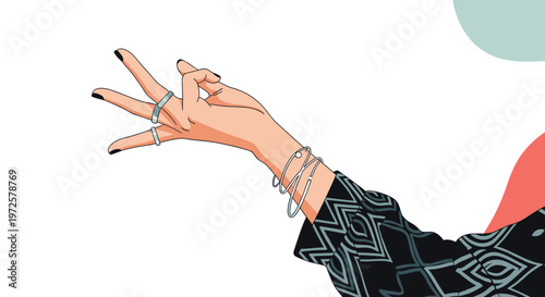 Elegant hand with black nail polish making a delicate gesture wearing silver rings and bracelets on a white background.