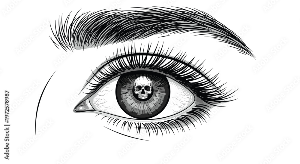Obraz premium Dramatic close-up of a detailed human eye in black and white with a small human skull reflected clearly inside the central pupil.