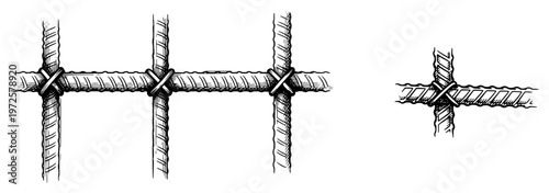 Set of hand drawn steel reinforcement bars and rebar joints in engraving style