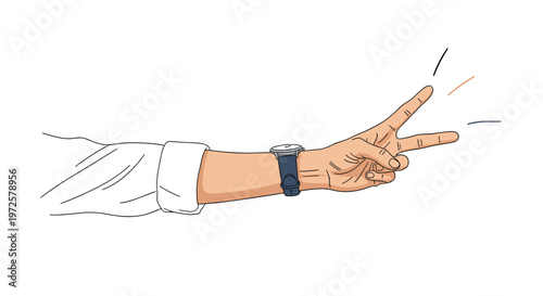 Person wearing a white shirt and a wristwatch makes a victory or peace sign with their hand, conveying a positive message of success, freedom, and triumph.