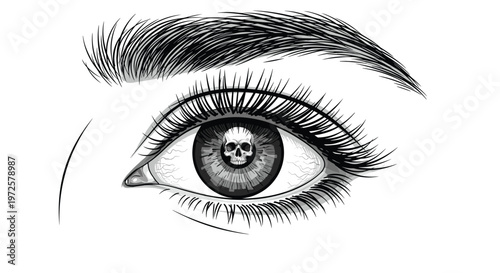 Dramatic close-up of a detailed human eye in black and white with a small human skull reflected clearly inside the central pupil.