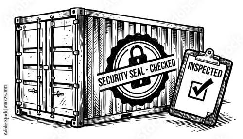Vintage engraving style shipping container with security seal and inspection clipboard illustration