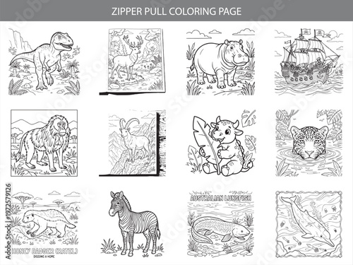 Zipper pull coloring page set featuring dinosaur deer hippo and zebra line art for kids creative coloring books