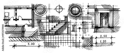Detailed hand drawn architectural blueprint sketch with house plans and technical measurements