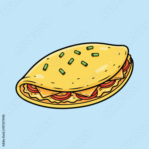 This vector illustration features a delicious folded omelet filled with cheese and tomatoes, topped with fresh green scallion garnishes.