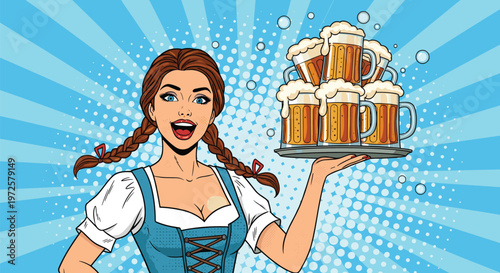 Happy woman in a traditional blue Bavarian dirndl dress holding a large tray filled with several foaming mugs of beer for Oktoberfest.