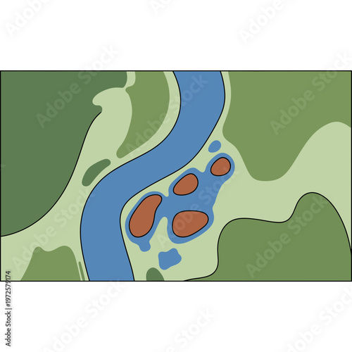 River flows through landscape with islands and landmasses illustration