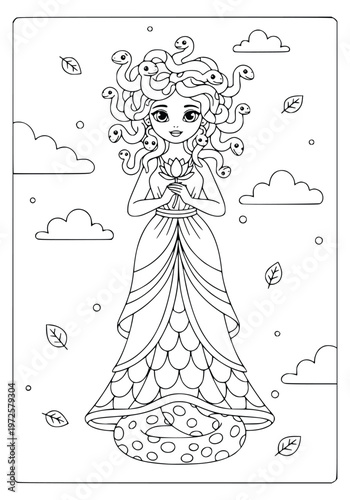 Mythology coloring page features a cute medusa with snakes and flowers