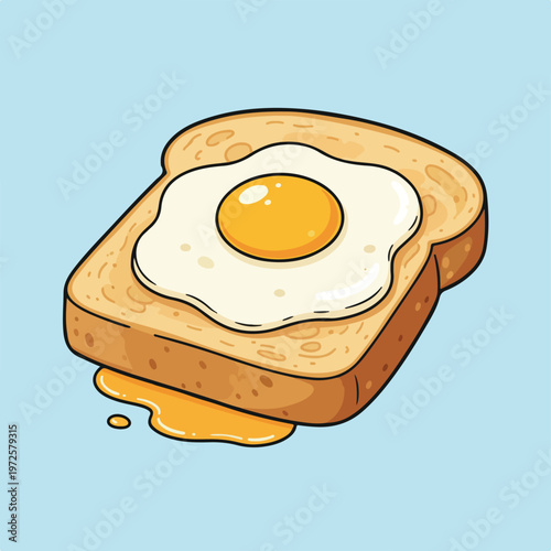 A cute vector illustration of a piece of toasted bread topped with a sunny-side-up fried egg, with yellow yolk dripping onto a blue background.