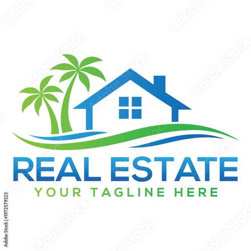 Tropical Real Estate Logo Design with Palm Trees and House Icon