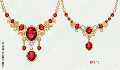 Luxury Vintage Gold Jewelry Necklace with Ruby and Diamonds – Ornamental Floral Wedding Invitation Design