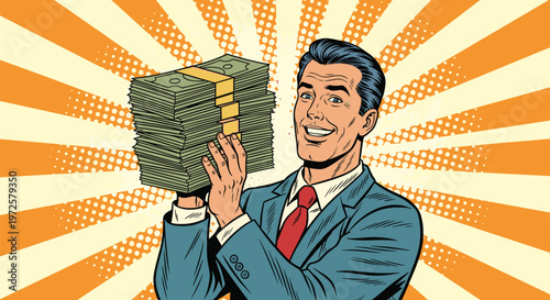 Successful businessman in a blue suit and red tie smiling while holding a massive stack of green money bills on a sunburst background.