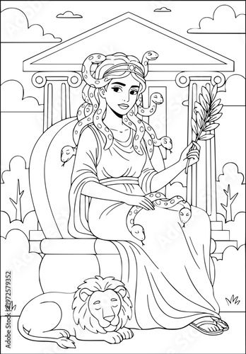 Coloring page featuring a medusa sitting on a throne with a sleepy lion