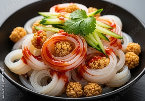 Closeup of a bowl of cold jelly noodles with spicy sauce, cucumber strips, and crispy fried toppings