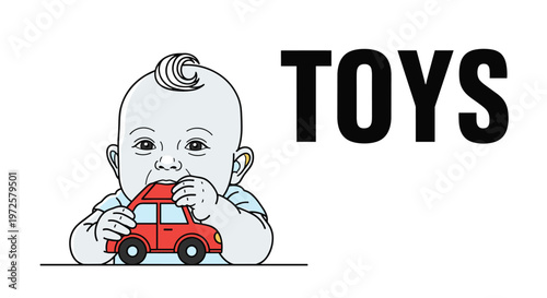 Close-up of a baby with white hair biting on a red toy car with the word TOYS written in large black letters in the background.
