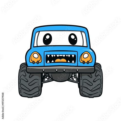 Cartoon monster truck illustration with blue body, black tires, and toothy mouth