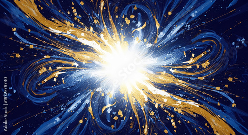 Abstract painting with blue and gold brush strokes radiating from a bright, white center, representing energy, explosion, and artistic expression