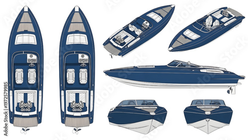 Isometric Speedboat Blueprint Set 6 Top & Side Views 3D CAD Drawing Marine Vessel Diagram High Depth of Field Isolated on White
