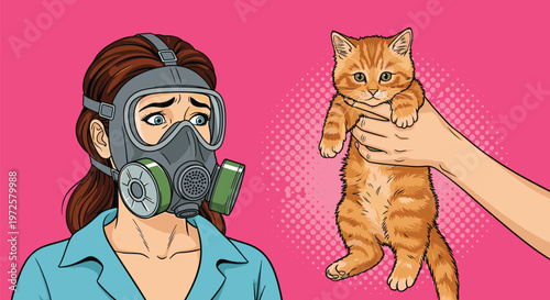 Concerned woman wearing a full gray gas mask looking at a small ginger kitten being held up in front of a pink background.