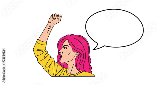 Determined woman with bright pink hair raising her fist in a gesture of protest or victory next to an empty comic speech bubble.