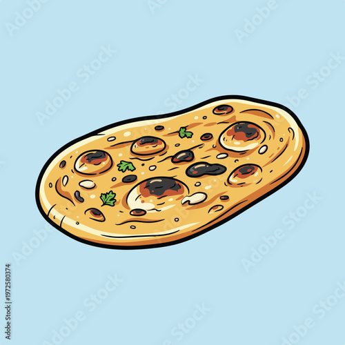 A vibrant vector illustration of a freshly baked naan flatbread featuring characteristic charred bubbles and herb garnishes on a blue backdrop.
