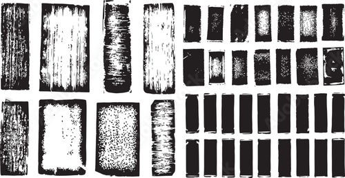 Grunge ink stamp texture set created with brayer technique. Rough vintage letterpress rectangles and vertical backgrounds with irregular edges and linocut print shapes. Vector illustration isolated on