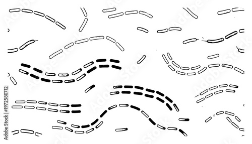 Abstract hand drawn pattern of swimming microscopic bacteria and biological chain organisms