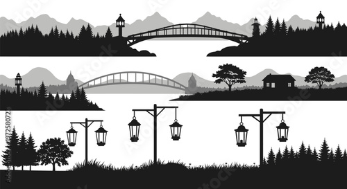 Black silhouette of street lamps.