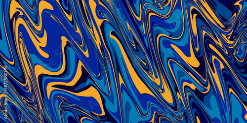 Fluid art texture. Abstract background with swirling paint effect. Liquid acrylic artwork that flows and splashes. Mixed paints for website background. Blue, orange and white overflowing colors.