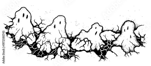 Surreal hand drawn illustration of melting ghost figures emerging from cracked earth in vintage stipple style