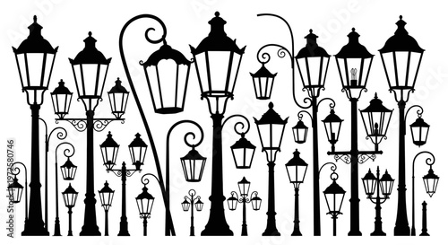 Black silhouette of various street lamps.