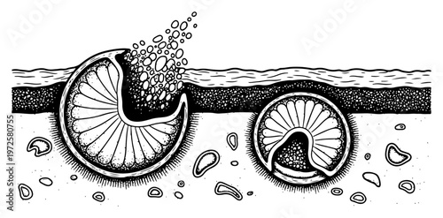 Vintage engraving style vector of citrus fruit slices embedded in a layered geological cross section with bubbles