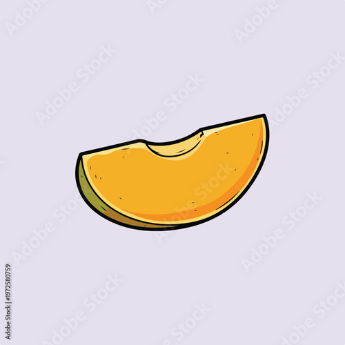 A vibrant, hand-drawn vector illustration of a ripe melon slice with orange flesh and a green rind, isolated on a light purple background.