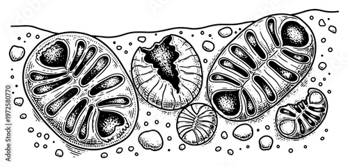 Detailed hand drawn illustration of exotic organic fruit cross sections and seeds in vintage engraving style