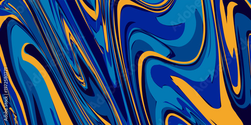Fluid art texture. Abstract background with swirling paint effect. Liquid acrylic artwork that flows and splashes. Mixed paints for website background. Blue, orange and white overflowing colors.