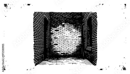 Dark urban alleyway with high contrast brick walls and spotlight effect in ink sketch style