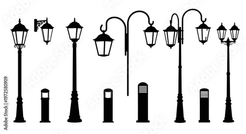 Black silhouette street lamps and posts.