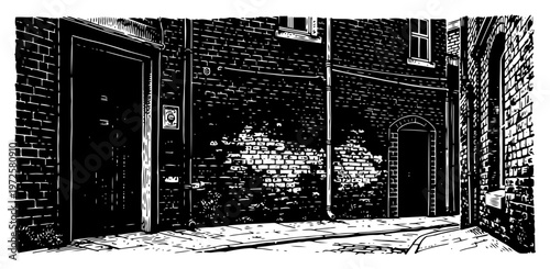 Detailed hand drawn urban alleyway with brick walls and industrial doors in high contrast style