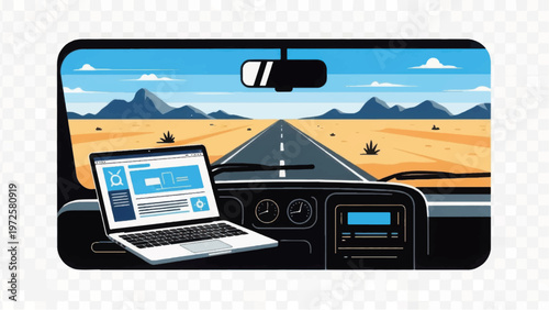 Laptop on Car Dashboard with Open Road.