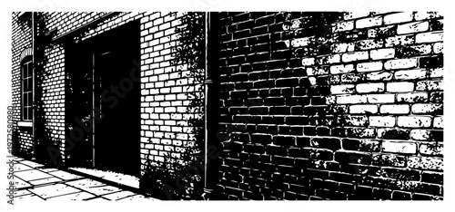 High contrast urban street scene with brick building facade and industrial door in linocut style