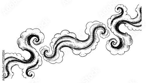 Hand drawn organic swirling cloud and wave shapes in black and white ink style