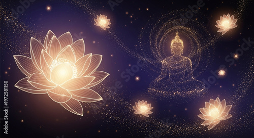 Serene Buddha silhouette surrounded by golden glowing lotus flowers and sparkling cosmic dust, symbolizing spiritual tranquility and enlightenment