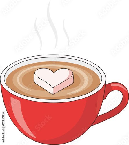 A steaming red coffee cup with a heart-shaped marshmallow on top