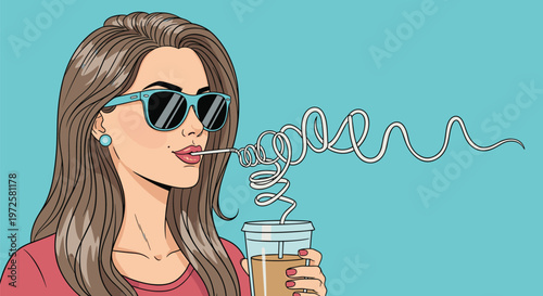 Stylish woman with sunglasses and long hair drinking from a cup using an incredibly long and curly white straw on a blue background.